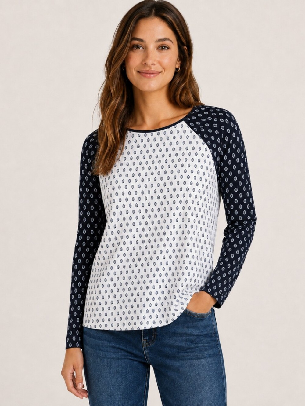LOFT Mixed Media Long Sleeve Printed Fall Shirt Top S